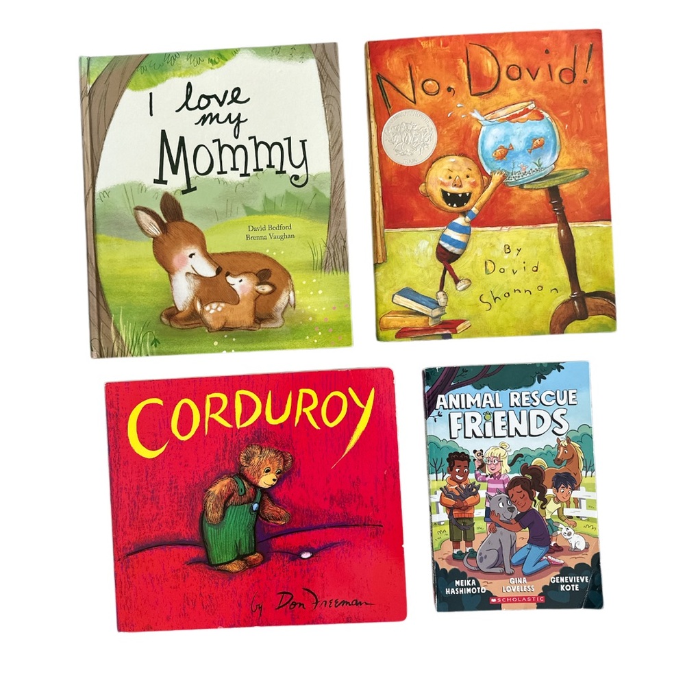 Set of 4 books: No, David! Corduroy, I love my mommy, animal rescue friends